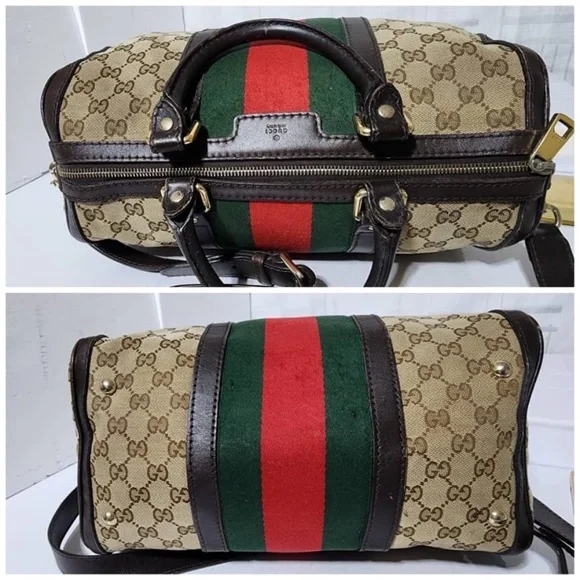 Authentic Gucci GG Canvas Leather Medium Vintage Web Boston Satchel Bag Brown/Be - Picture 6 of 16